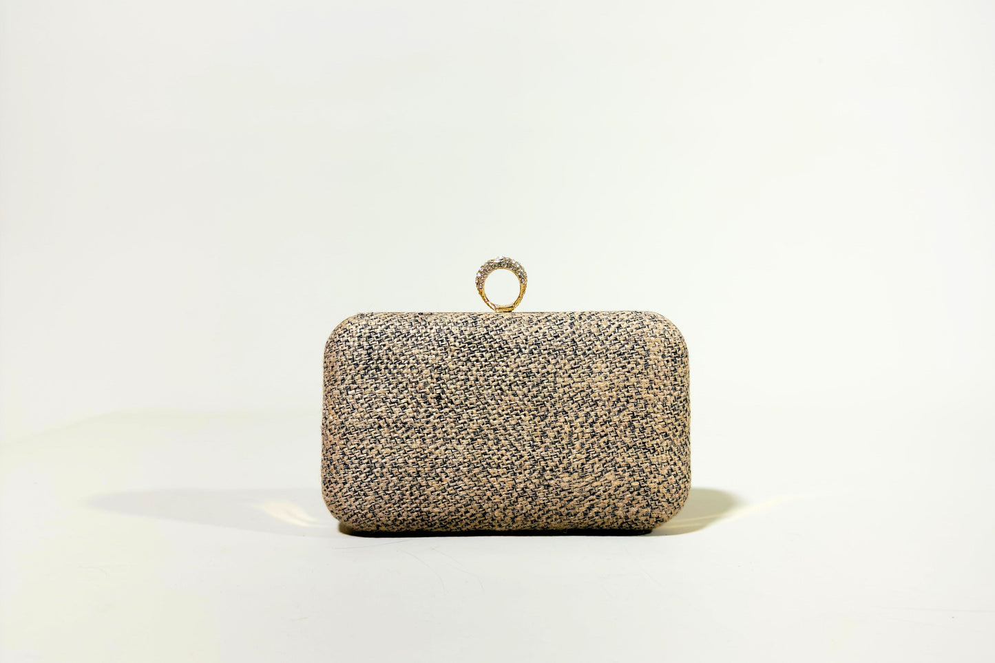 Black & Natural Woven Jute Soft-Edge Clutch with Ring Clasp (J-0116)
