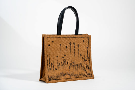 Abstract Meadow Embroidered Jute Tote Bag (J-0038)