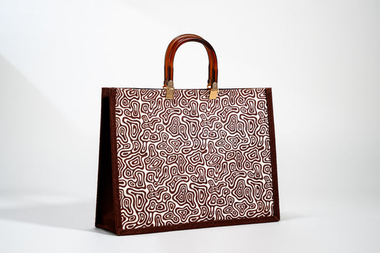 Abstract Brown Wave Screen Printed Jute Tote Bag (J-0065)