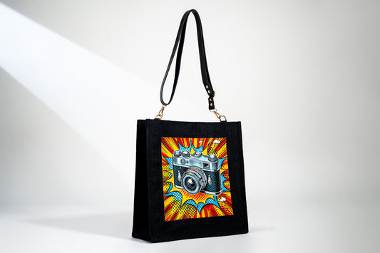 Black Vintage Camera Pop Art Jute Shoulder Bag (J-0030)