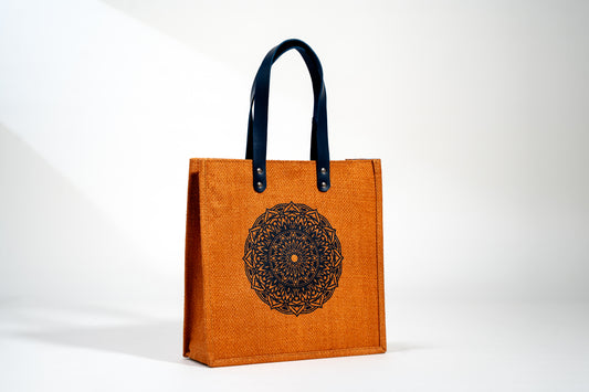Burnt Orange Mandala Art Screen Printed Jute Tote Bag (J-0051)