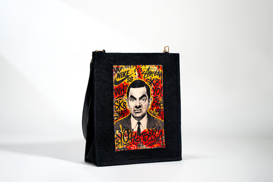 Black Pop-Culture Graffiti Patch Jute Shoulder Bag (J-0031)