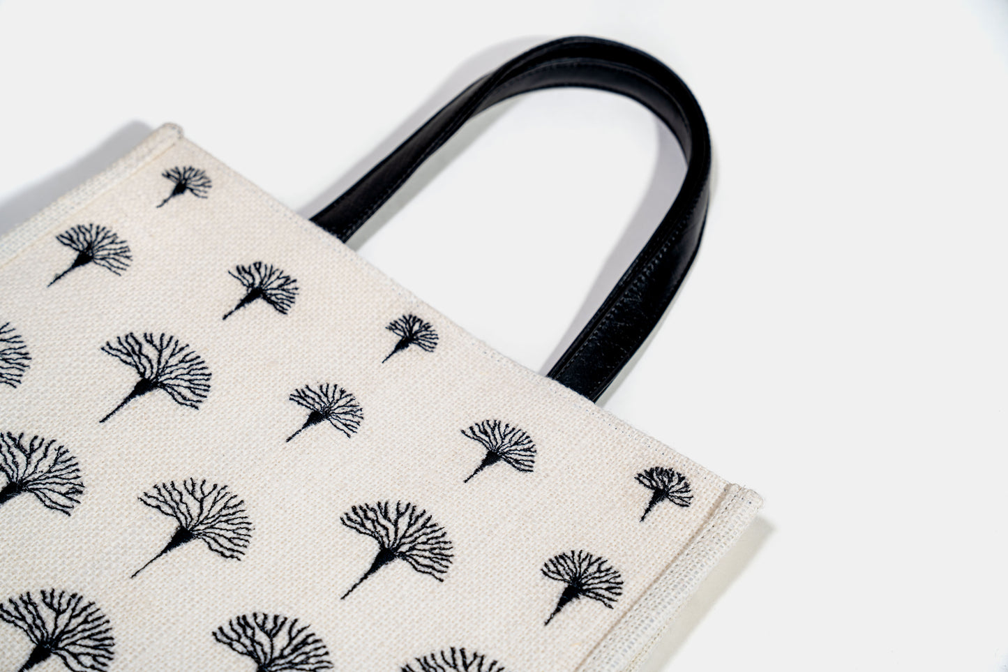 Monochrome Fan Motif Embroidered Jute Tote Bag (J-0013)