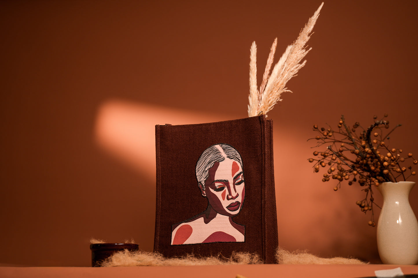 Deep Brown Abstract Portrait Pop Art Jute Shoulder Bag (J-0034)