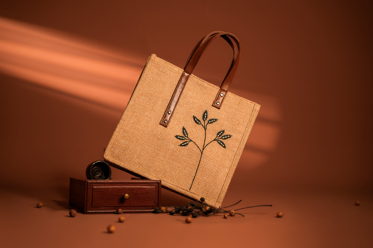 Botanical Embroidered Jute Tote Bag (J-0017)