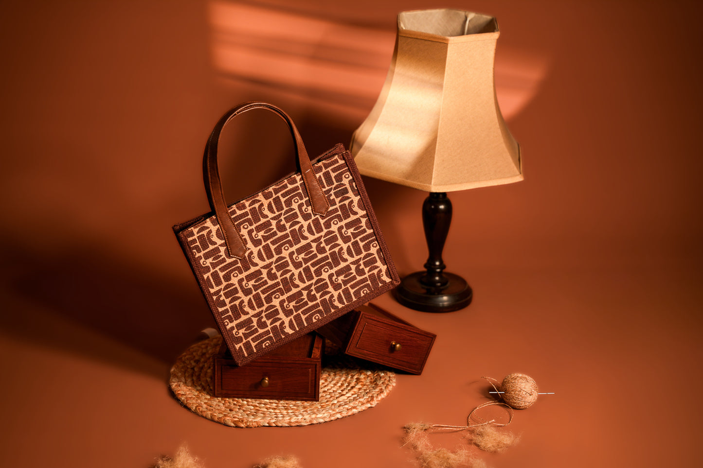Brown Retro Geometric Screen Printed Jute Tote Bag (J-0057)