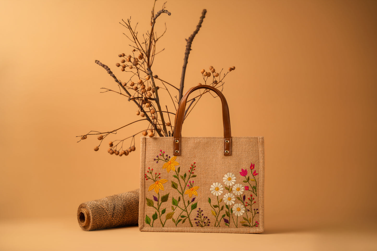 Wildflower Meadow Embroidered Jute Tote Bag (J-0018) - Brown
