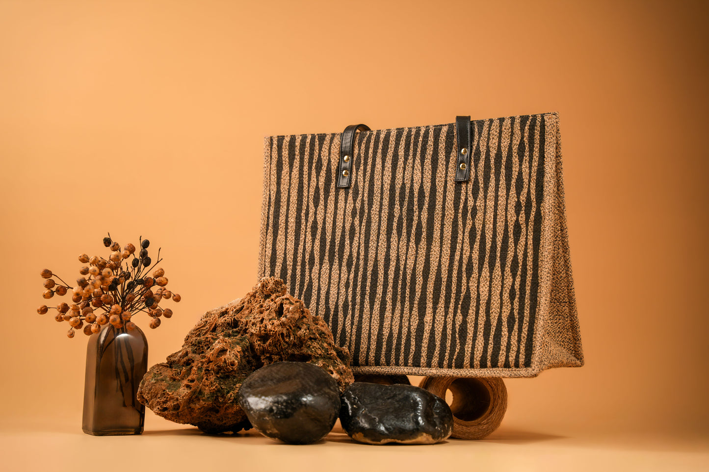 Black Organic Stripe Screen Printed Jute Tote Bag (J-0067)