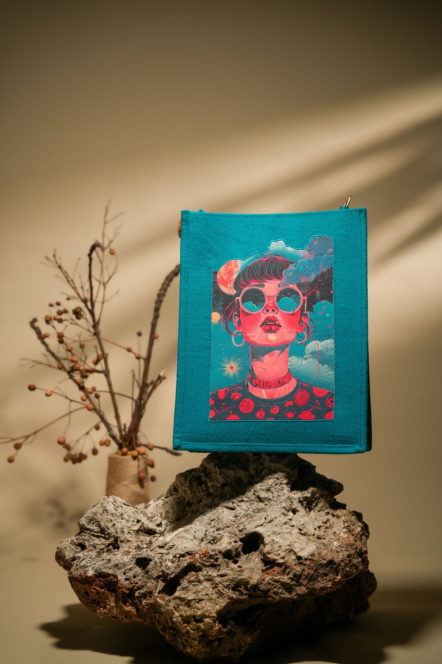 Teal Surreal Dreamscape Pop Art Jute Shoulder Bag (J-0035)