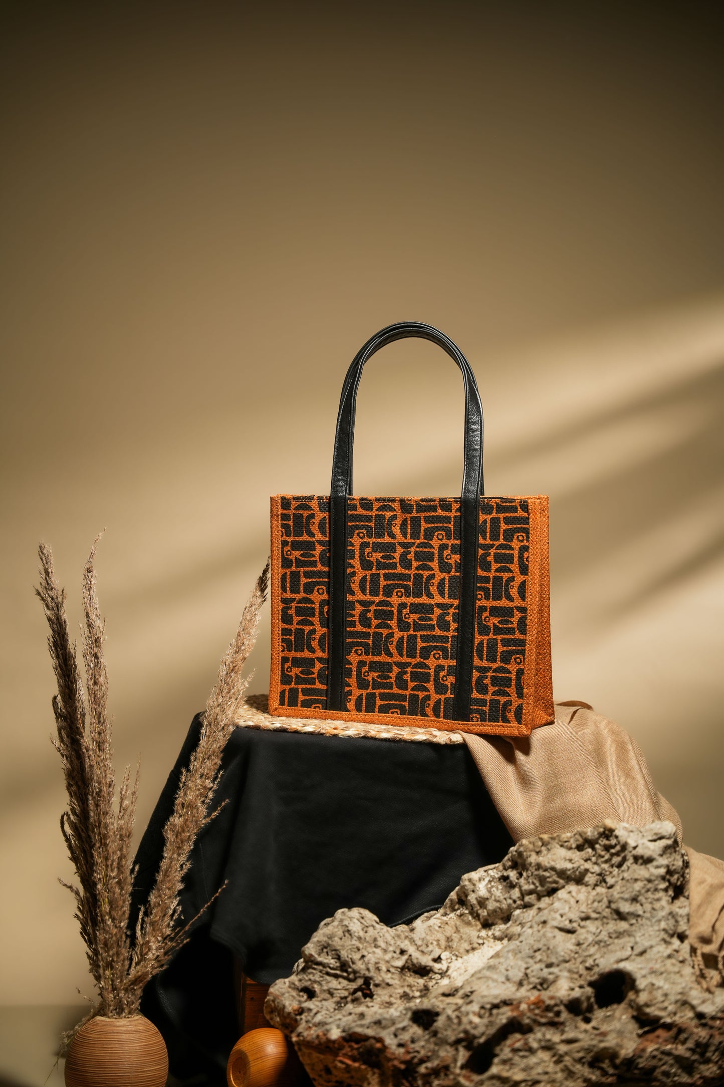 Rust Orange Retro Geometric Screen Printed Jute Tote Bag (J-0056)