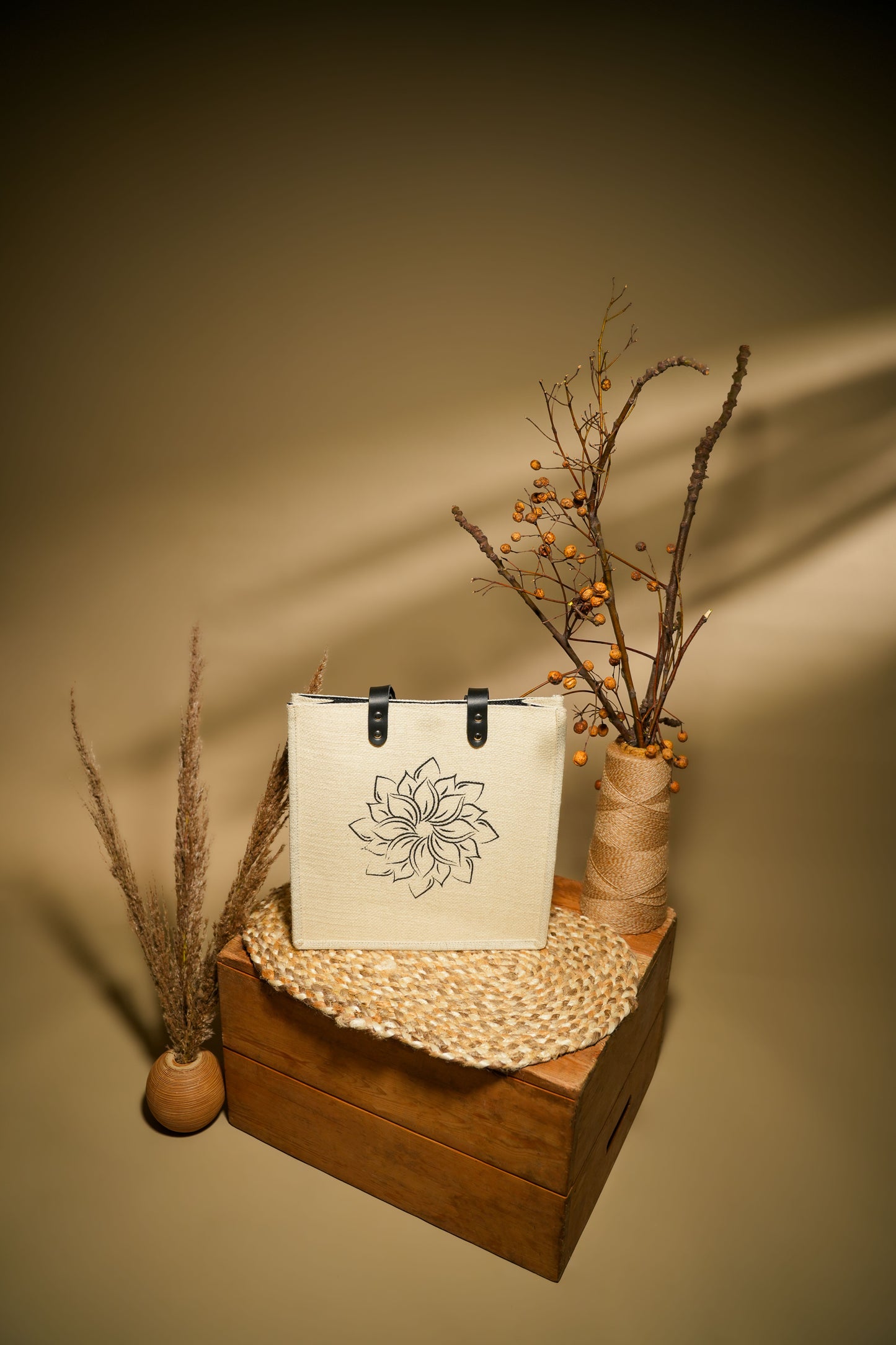 Natural Cream Minimalist Floral Screen Printed Jute Tote Bag (J-0048)