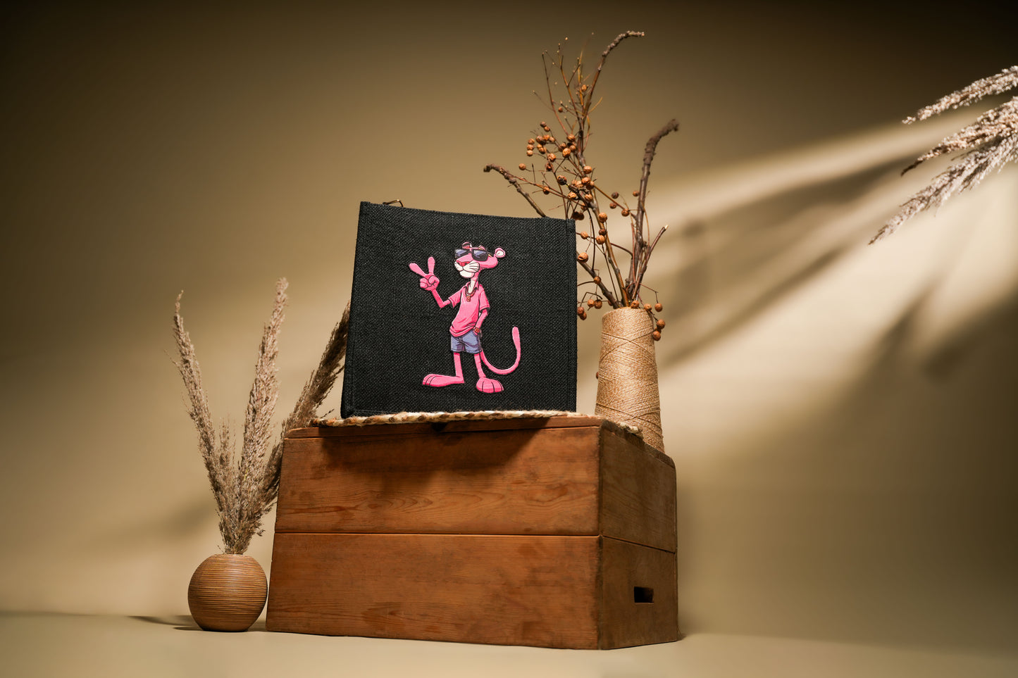 Cool Pink Panther Pop Art Jute Shoulder Bag (J-0022)