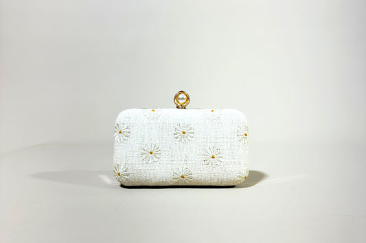 White clutch bag with gold floral embroidery