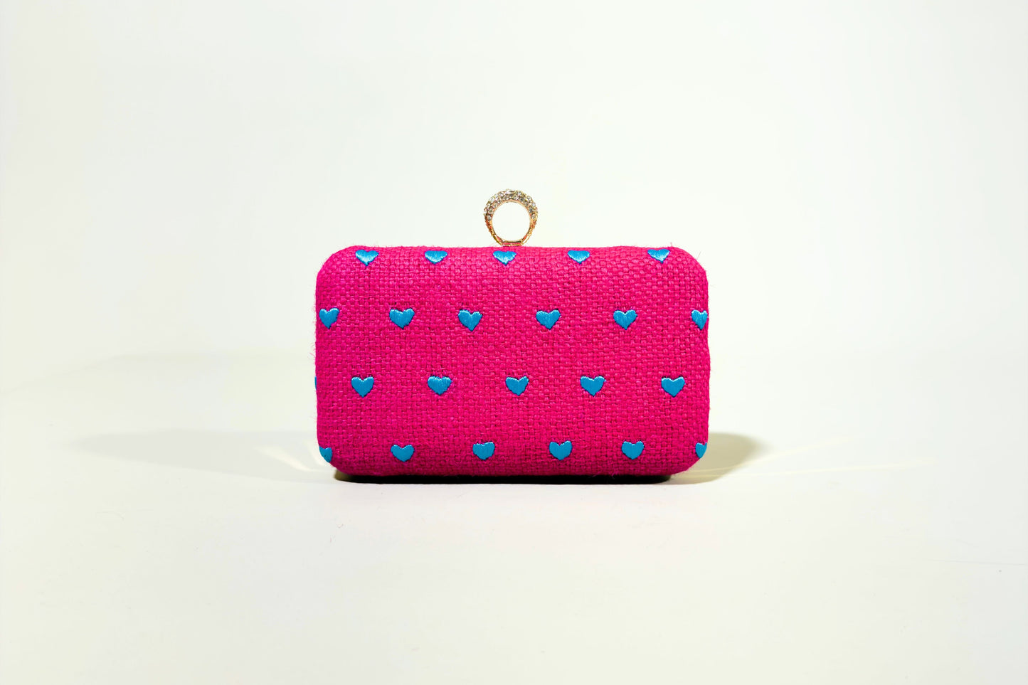 Pink Clutch Bag with Cyan Heart Patterns (J-0120-A)