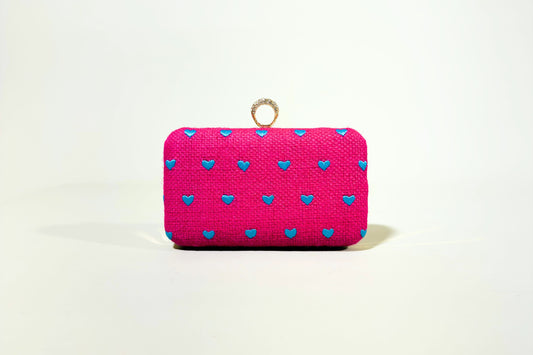 Pink Clutch Bag with Cyan Heart Patterns (J-0120-A)