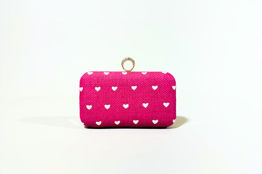Pink Clutch Bag with White Heart Patterns
