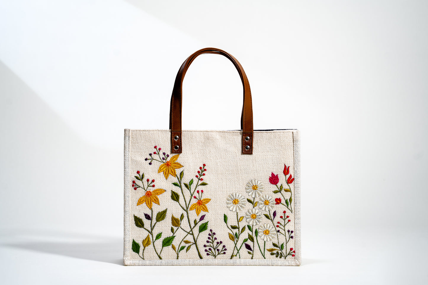 Wildflower Meadow Embroidered Jute Tote Bag - White (J-0025)