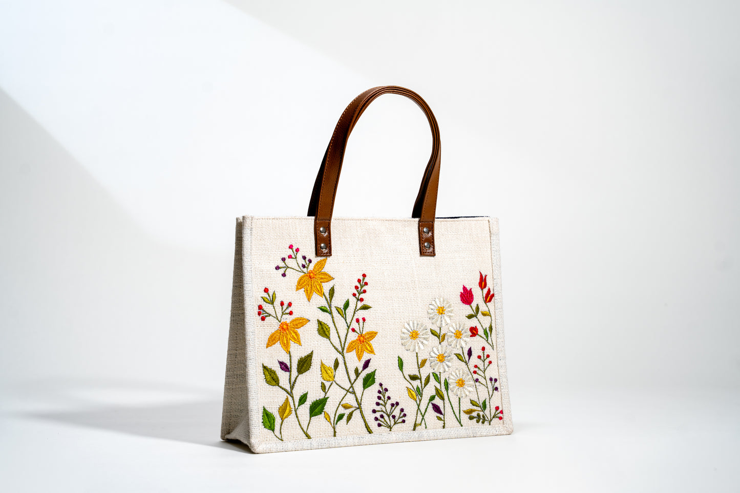 Wildflower Meadow Embroidered Jute Tote Bag - White (J-0025)
