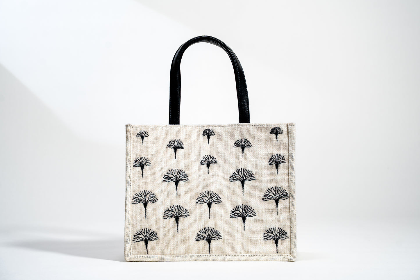 Monochrome Fan Motif Embroidered Jute Tote Bag (J-0013)