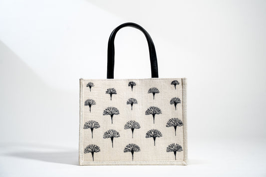 Monochrome Fan Motif Embroidered Jute Tote Bag (J-0013)