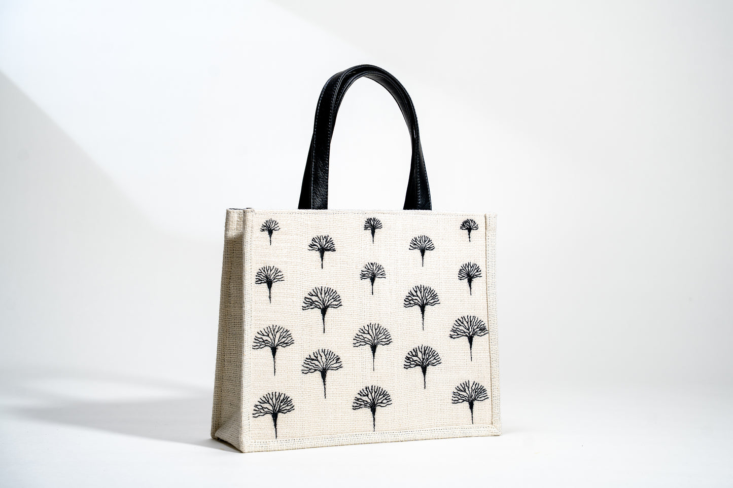 Monochrome Fan Motif Embroidered Jute Tote Bag (J-0013)