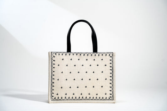Vintage Scallop Border Embroidered Jute Tote Bag (J-0041)