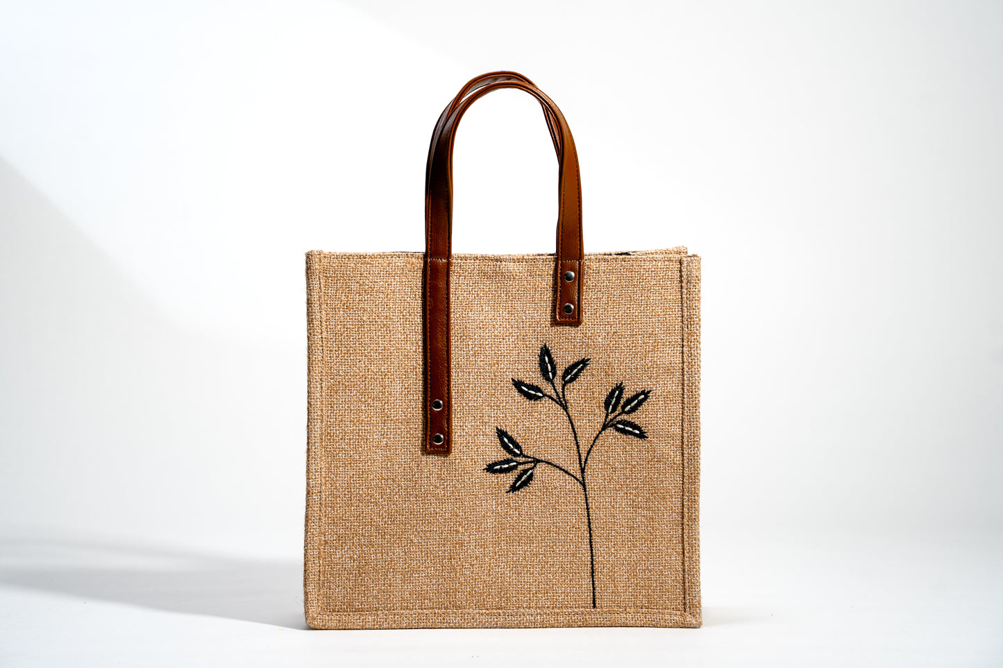 Botanical Embroidered Jute Tote Bag (J-0017)
