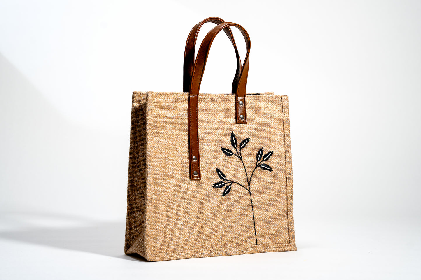 Botanical Embroidered Jute Tote Bag (J-0017)