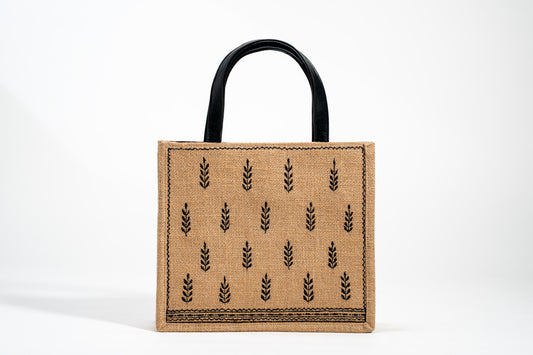 Repeating Leaf Motif Embroidered Jute Tote Bag (J-0044)