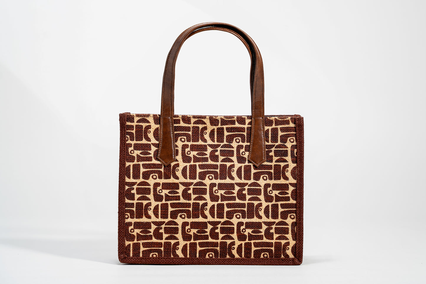 Brown Retro Geometric Screen Printed Jute Tote Bag (J-0057)