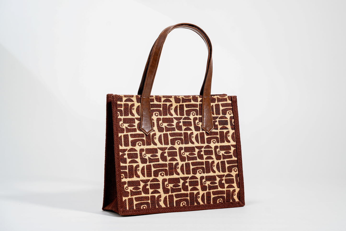 Brown Retro Geometric Screen Printed Jute Tote Bag (J-0057)