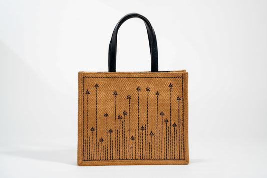 Abstract Meadow Embroidered Jute Tote Bag (J-0038)