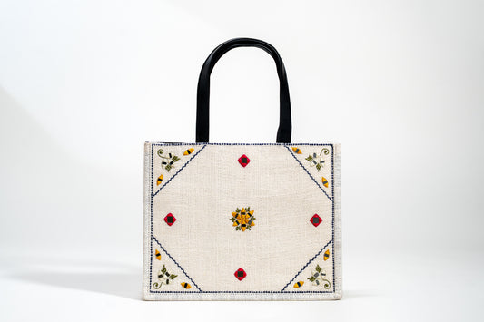 Geometric Boho Embroidered Jute Tote Bag (J-0071)