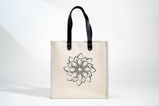 Natural Cream Minimalist Floral Screen Printed Jute Tote Bag (J-0048)