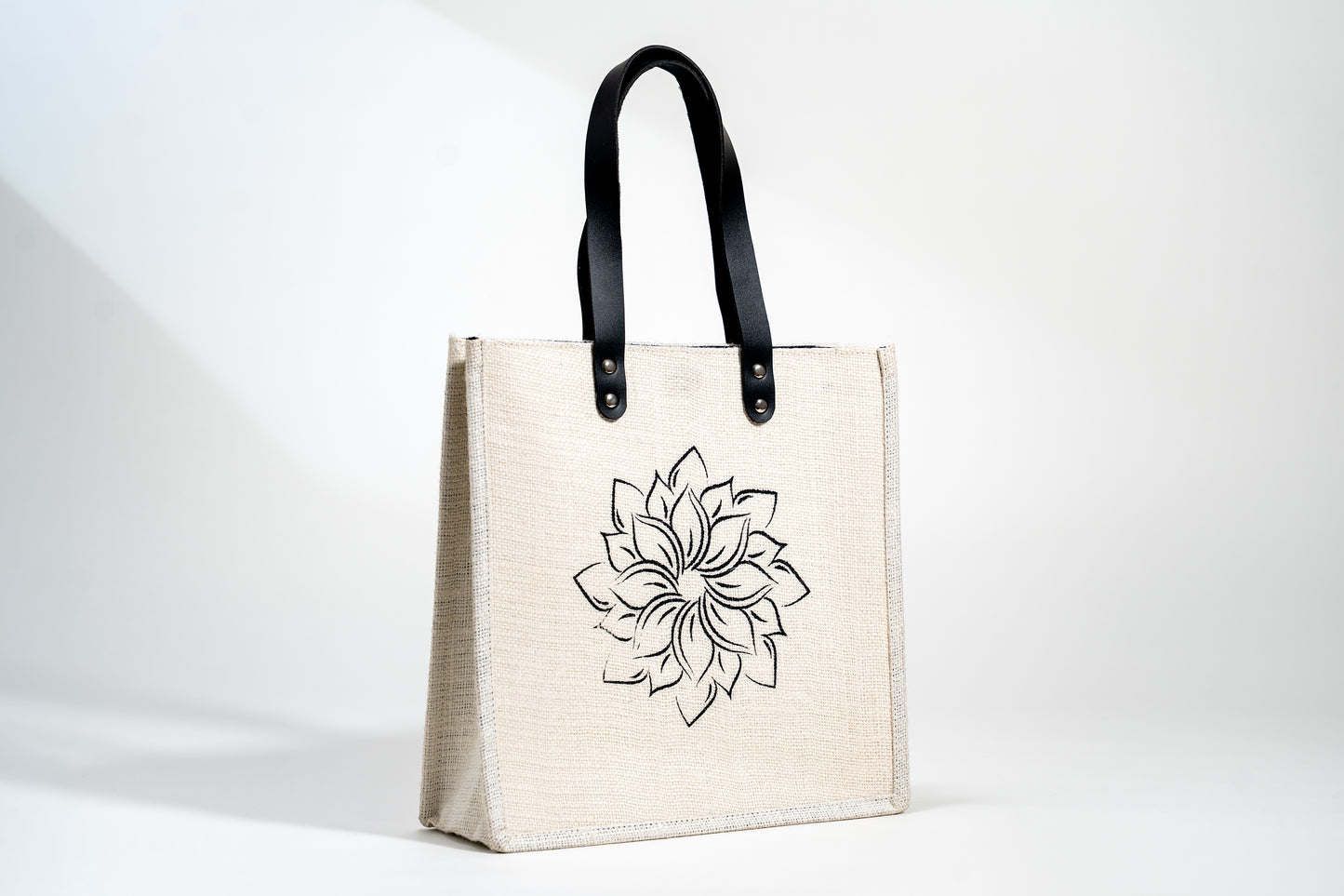 Natural Cream Minimalist Floral Screen Printed Jute Tote Bag (J-0048)