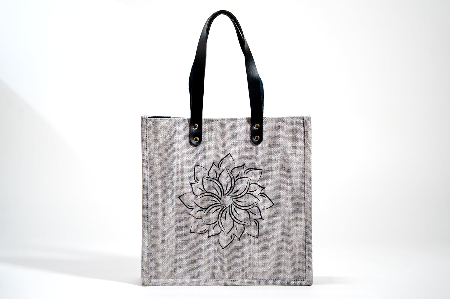 Light Grey Minimalist Floral Screen Printed Jute Tote Bag (J-0054)