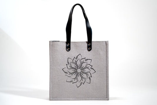 Light Grey Minimalist Floral Screen Printed Jute Tote Bag (J-0054)