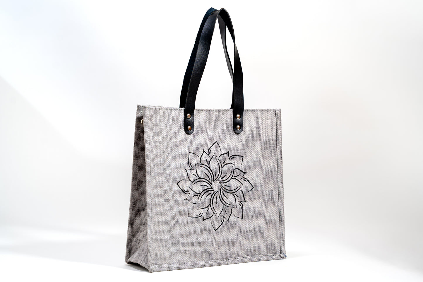 Light Grey Minimalist Floral Screen Printed Jute Tote Bag (J-0054)