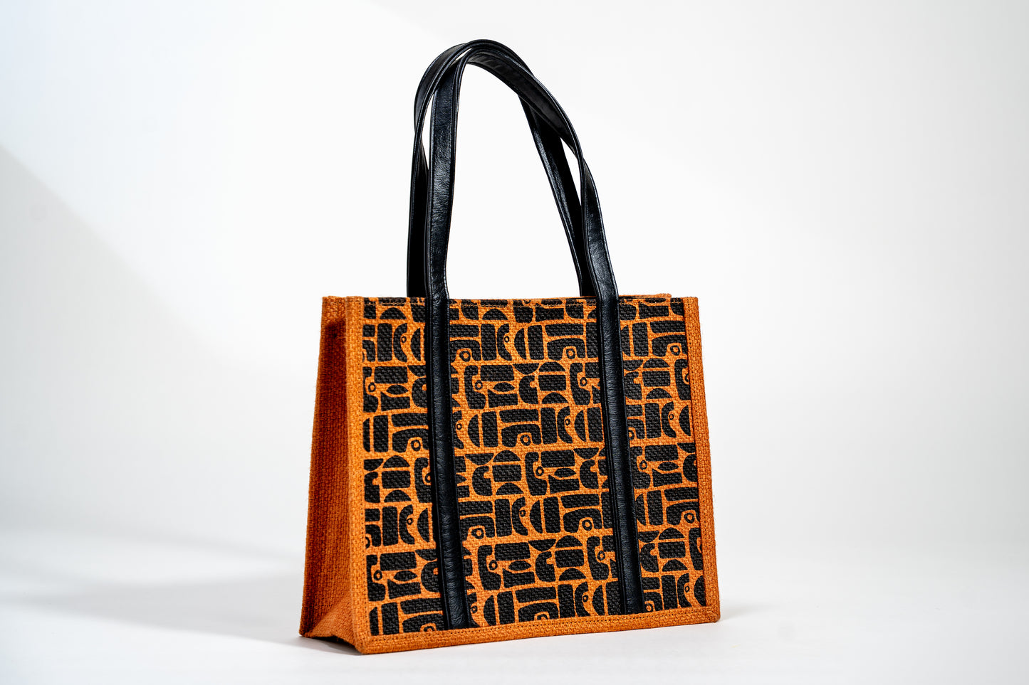 Rust Orange Retro Geometric Screen Printed Jute Tote Bag (J-0056)