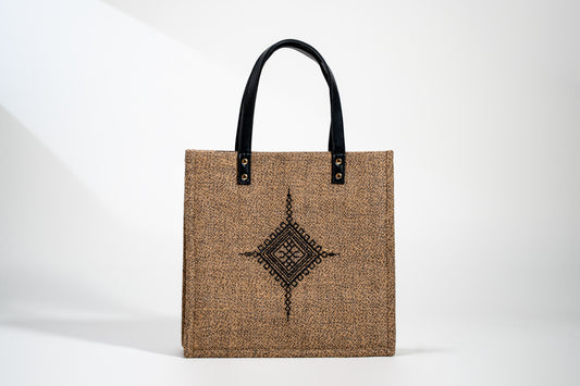Geometric Diamond Motif Embroidered Jute Tote Bag (J-0045)