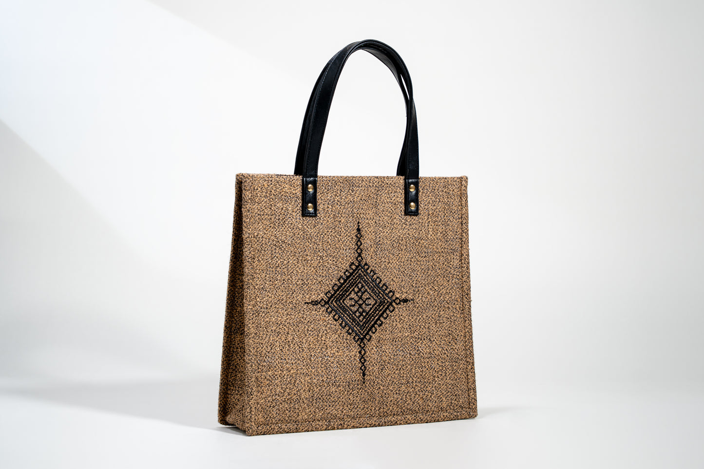 Geometric Diamond Motif Embroidered Jute Tote Bag (J-0045)