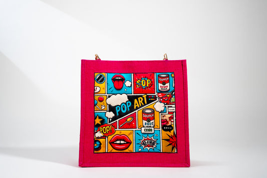 Vibrant Pink Pop Art Patch Jute Shoulder Bag (J-0027)