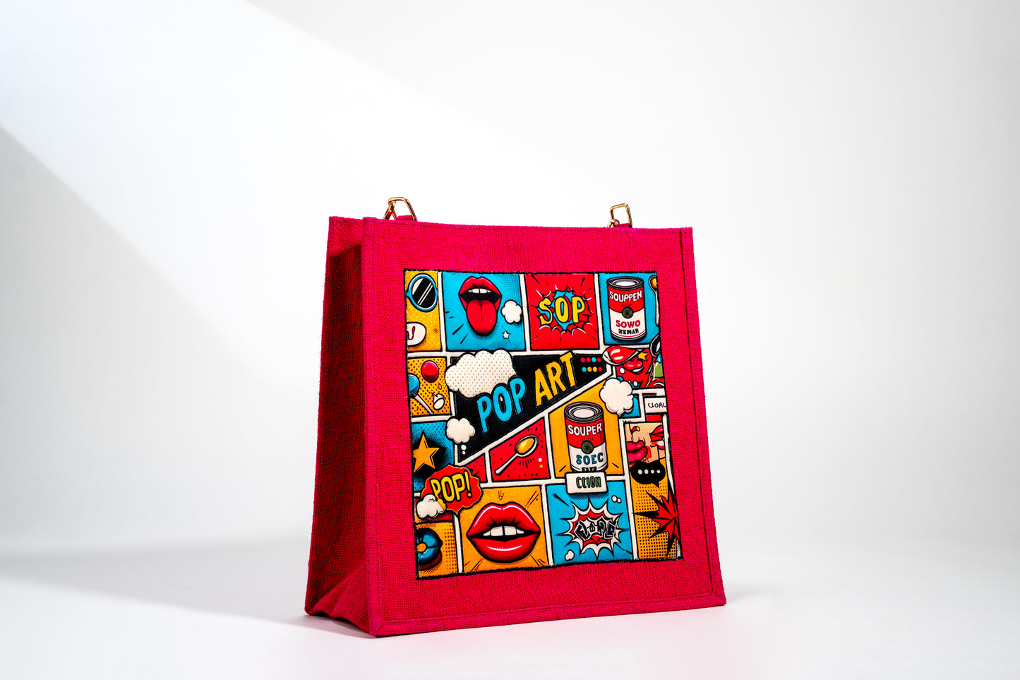 Vibrant Pink Pop Art Patch Jute Shoulder Bag (J-0027)