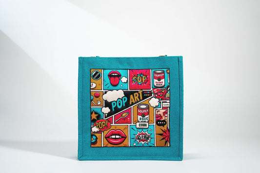 Vibrant Teal Pop Art Patch Jute Shoulder Bag (J-0026)