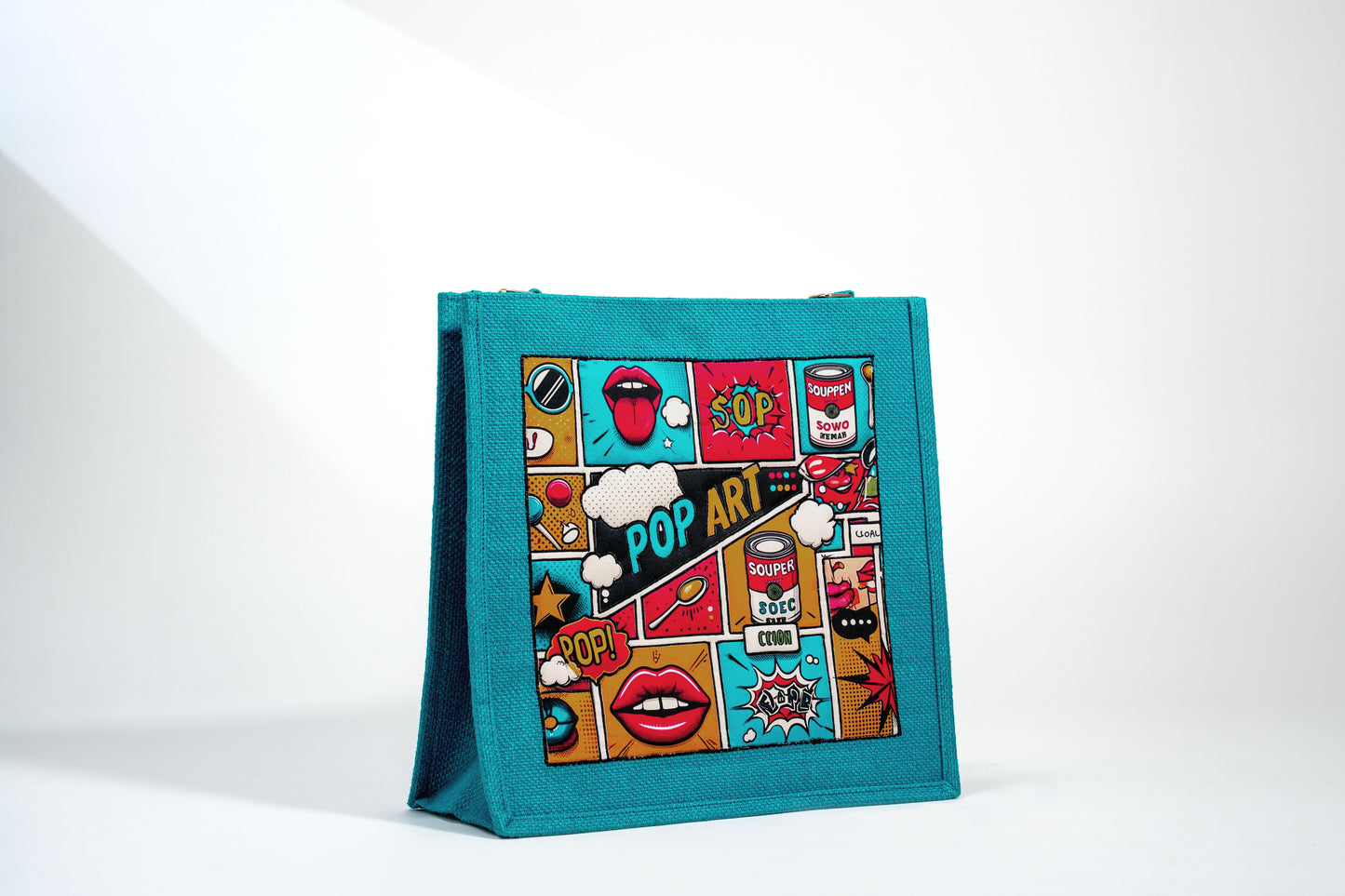 Vibrant Teal Pop Art Patch Jute Shoulder Bag (J-0026)