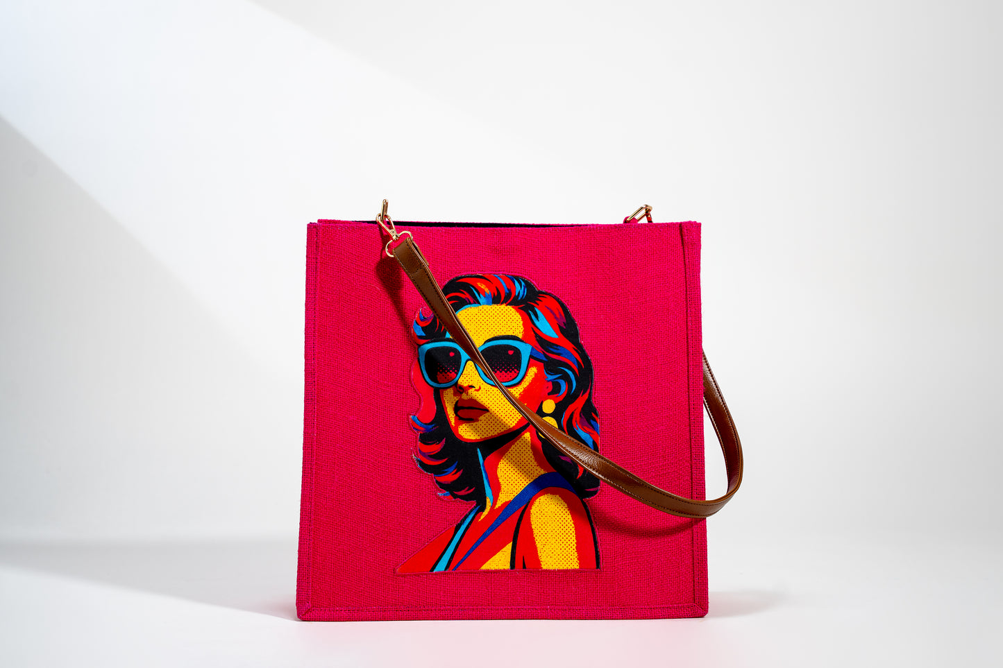Vibrant Pink Retro Portrait Pop Art Jute Shoulder Bag (J-0023)