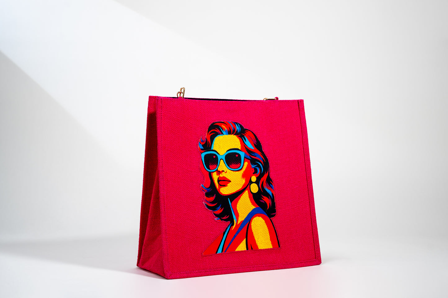 Vibrant Pink Retro Portrait Pop Art Jute Shoulder Bag (J-0023)