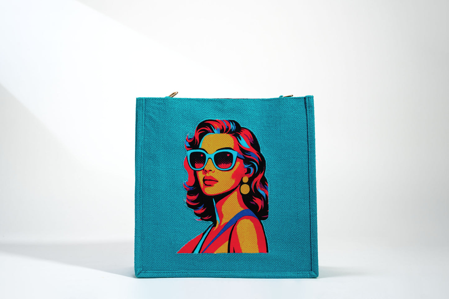 Vibrant Teal Retro Portrait Pop Art Jute Shoulder Bag (J-0029)