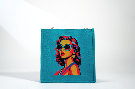 Vibrant Teal Retro Portrait Pop Art Jute Shoulder Bag (J-0029)