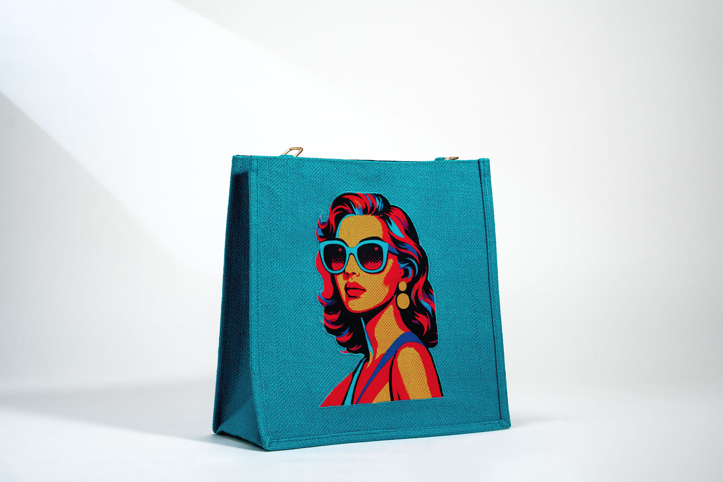 Vibrant Teal Retro Portrait Pop Art Jute Shoulder Bag (J-0029)